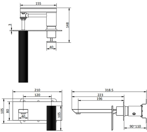 Technical image of Crosswater Limit Wall Mounted Basin Mixer Tap (Brushed Brass).