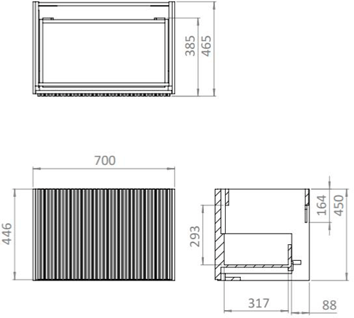 Technical image of Crosswater Limit Wall Hung Vanity Unit, Black Glass Basin (700mm, Oak).