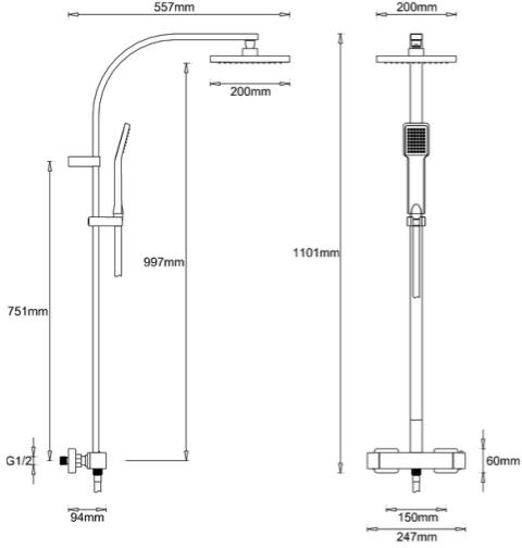 Technical image of Crosswater Planet Thermostatic Bar Shower Valve With Rigid Riser Kit.