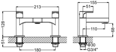 Technical image of Crosswater Style Bath Filler Tap (Chrome).