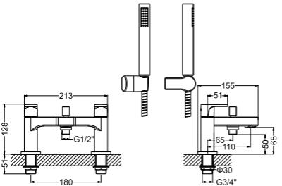 Technical image of Crosswater Style Bath Shower Mixer Tap With Kit (Chrome).