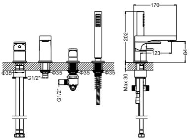 Technical image of Crosswater Style 4 Hole Bath Shower Mixer Tap With Kit (Chrome).