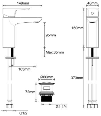 Technical image of Crosswater Serene Basin Mixer Tap With Waste (Chrome).