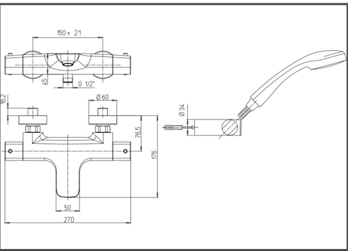 Technical image of Crosswater North Wall Mounted Bath Shower Mixer Tap & Kit (Matt Black).