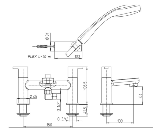 Technical image of Crosswater Nova Tall Basin & Bath Shower Mixer Tap Pack (Chrome).