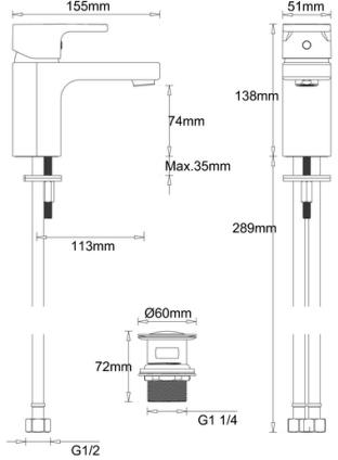 Technical image of Crosswater Planet Basin & 4 Hole Bath Shower Mixer Tap Pack With Kit (Chrome).