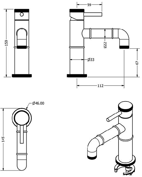 Technical image of Crosswater Industrial Basin Mixer Tap (Unlac Brushed Brass).