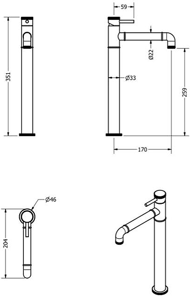 Technical image of Crosswater Industrial Tall Basin Mixer Tap (Unlac Brushed Brass).