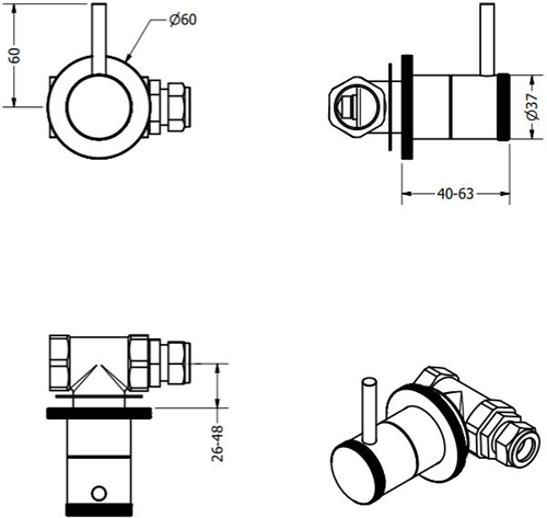 Technical image of Crosswater Industrial Wall Stop Valves (Unlac Brushed Brass).