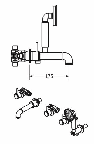 Technical image of Crosswater Industrial 5 Hole Wall Mounted Bath Shower Mixer Tap (U Brass).