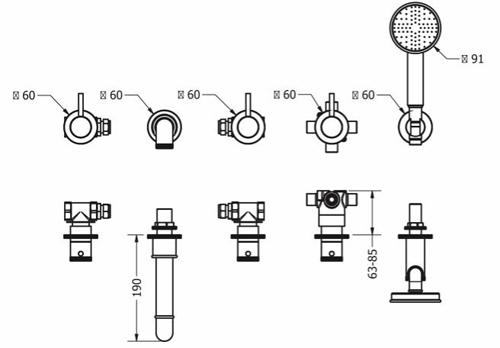 Technical image of Crosswater Industrial 5 Hole Wall Mounted Bath Shower Mixer Tap (U Brass).