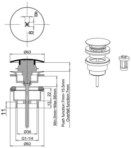 Technical image of Crosswater MPRO Click Clack Basin Waste (Matt White).