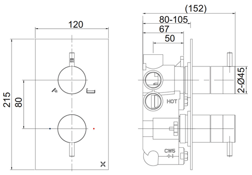 Technical image of Crosswater Mike Pro Thermostatic Shower Valve With 3 Outlets (2 Handles).