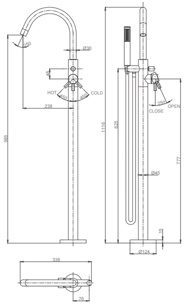 Technical image of Crosswater MPRO Floorstanding Bath Shower Mixer Tap (Matt White).