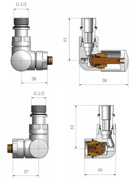 Technical image of Crosswater MPRO Angled Radiator Valves (Brushed Brass).