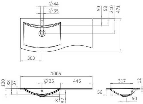 Technical image of Crosswater Svelte Vanity Unit With Black Glass Basin (1000mm, Walnut).