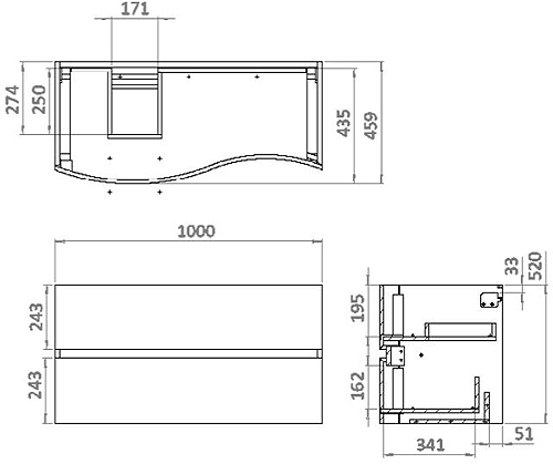 Technical image of Crosswater Svelte Vanity Unit With Marble Basin (1000mm, Storm Grey Matt).