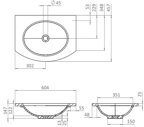 Technical image of Crosswater Svelte Vanity Unit With Marble Basin (600mm, Storm Grey Matt).
