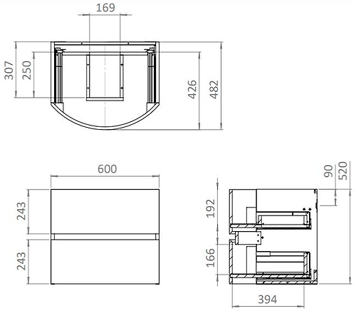 Technical image of Crosswater Svelte Vanity Unit With White Glass Basin (600mm, Storm Grey Matt).