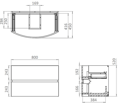 Technical image of Crosswater Svelte Vanity Unit With Marble Basin (800mm, Storm Grey Matt).