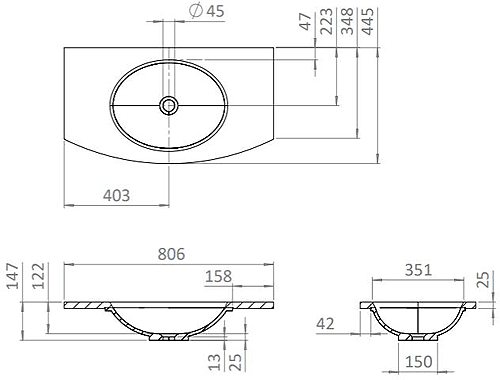 Technical image of Crosswater Svelte Vanity Unit With Marble Basin (800mm, Storm Grey Matt).