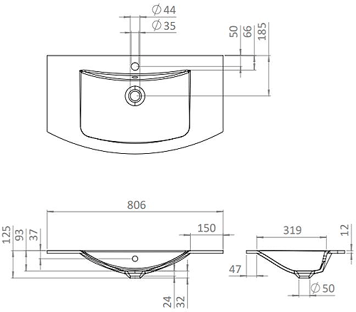 Technical image of Crosswater Svelte Vanity Unit With Black Glass Basin (800mm, White Gloss).