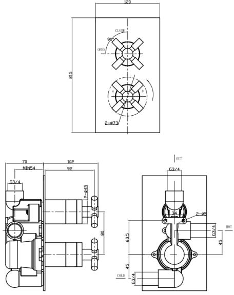 Technical image of Croswater Totti II Shower Valve With 1 Outlet (Chrome).