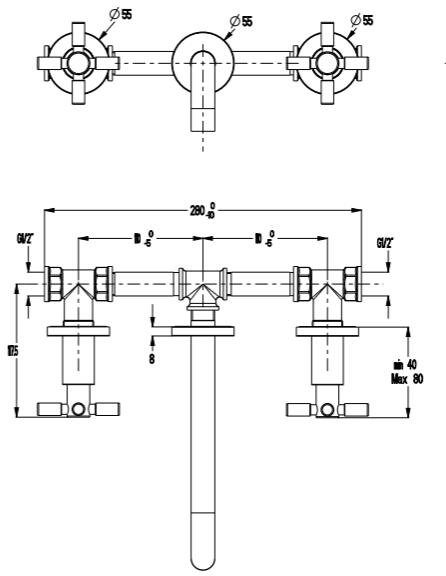 Technical image of Croswater Totti II Wall Mounted Basin Mixer Tap (Chrome).