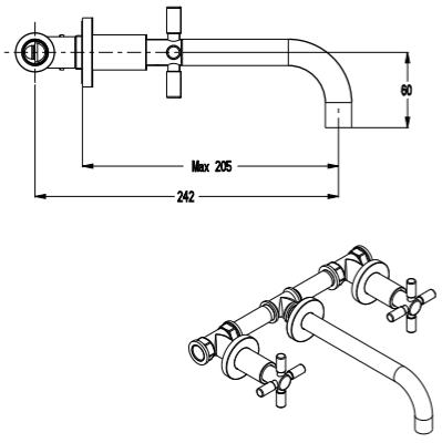 Technical image of Croswater Totti II Wall Mounted Basin Mixer Tap (Chrome).