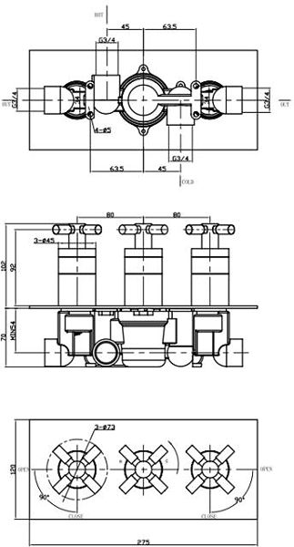 Technical image of Croswater Totti II Shower Valve With 2 Outlets & Diverter (Chrome).