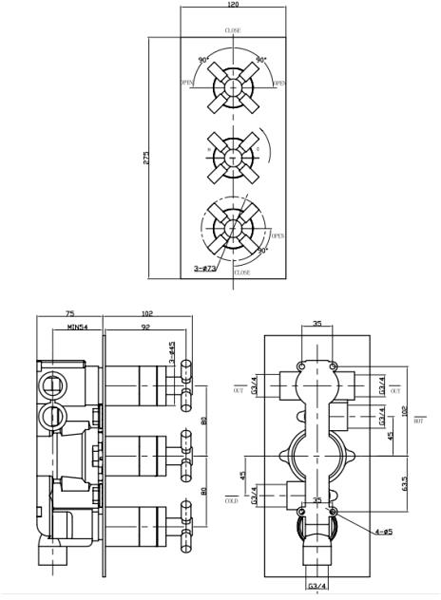 Technical image of Croswater Totti II Shower Valve With 3 Outlets & Diverter (Chrome).