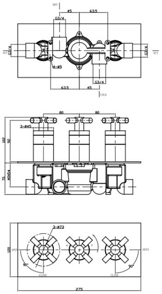 Technical image of Croswater Totti II Shower Valve With 3 Outlets & Diverter (Chrome).