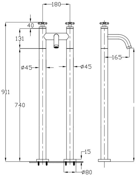 Technical image of Croswater Totti II Bath Filler Tap With Legs (Chrome).