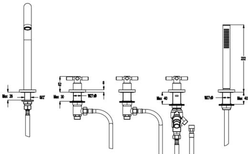 Technical image of Croswater Totti II 5 Hole Bath Shower Mixer Tap With Kit (Chrome).