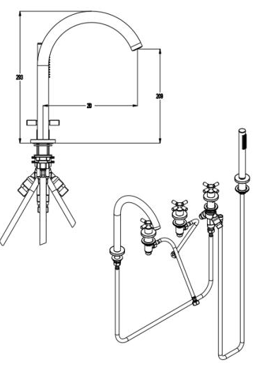 Technical image of Croswater Totti II 5 Hole Bath Shower Mixer Tap With Kit (Chrome).