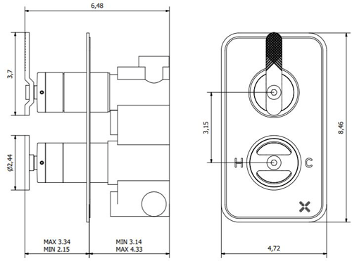 Technical image of Crosswater UNION Thermostatic Shower Valve (2 Outlets, Black & Nickel).