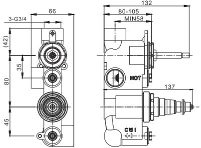 Technical image of Crosswater UNION Thermostatic Shower Valve (1 Outlet, Nickel & Black).