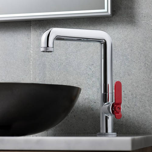 Example image of Crosswater UNION Tall Basin Mixer Tap With Red Lever Handle (Chrome).