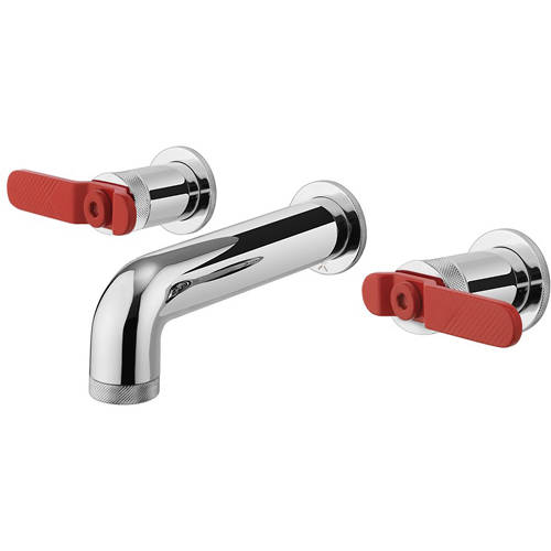 Larger image of Crosswater UNION Three Hole Wall Mounted Basin Mixer Tap (Chrome & Red).
