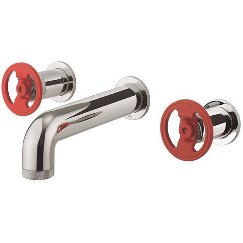 Larger image of Crosswater UNION Three Hole Wall Mounted Basin Mixer Tap (Chrome & Red).