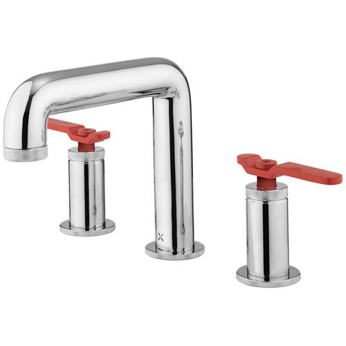 Larger image of Crosswater UNION Three Hole Deck Mounted Basin Mixer Tap (Chrome & Red).
