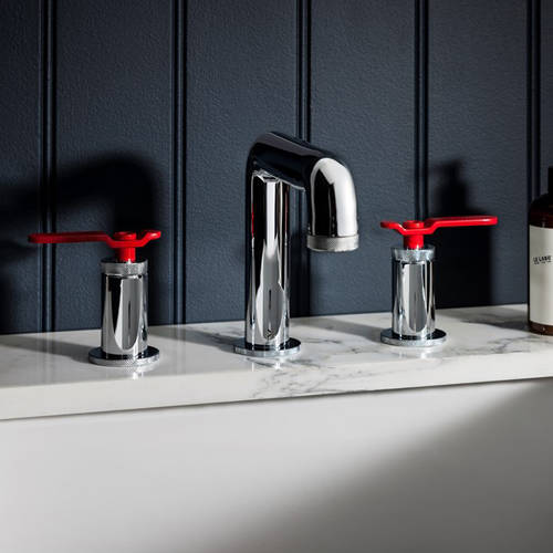 Example image of Crosswater UNION Three Hole Deck Mounted Basin Mixer Tap (Chrome & Red).