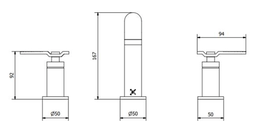 Technical image of Crosswater UNION Three Hole Deck Mounted Basin Mixer Tap (Chrome & Red).