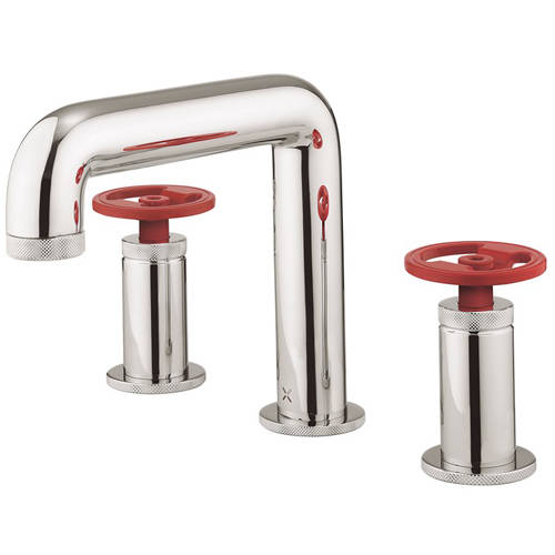 Larger image of Crosswater UNION Three Hole Deck Mounted Basin Mixer Tap (Chrome & Red).