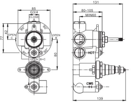 Technical image of Crosswater UNION Thermostatic Shower Valve (2 Outlets, Chrome).