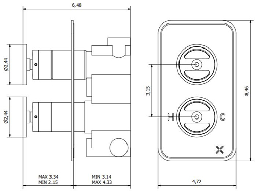 Technical image of Crosswater UNION Thermostatic Shower Valve (2 Outlets, Brushed Nickel).