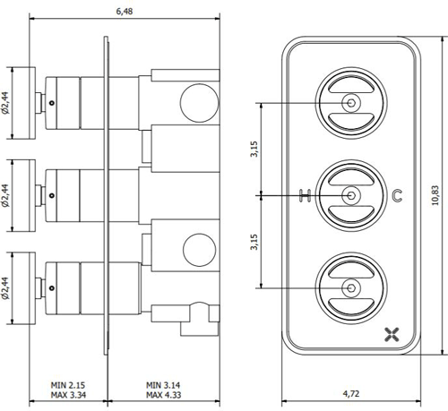 Technical image of Crosswater UNION Thermostatic Shower Valve (2 Outlets, Chrome & Red).