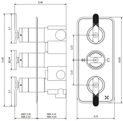 Technical image of Crosswater UNION Thermostatic Shower Valve (2 Outlets, Brushed Nickel).