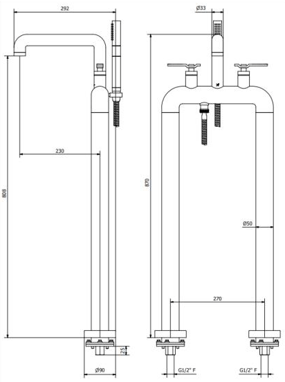 Technical image of Crosswater UNION Free Standing BSM Tap With Lever Handles (Chrome).