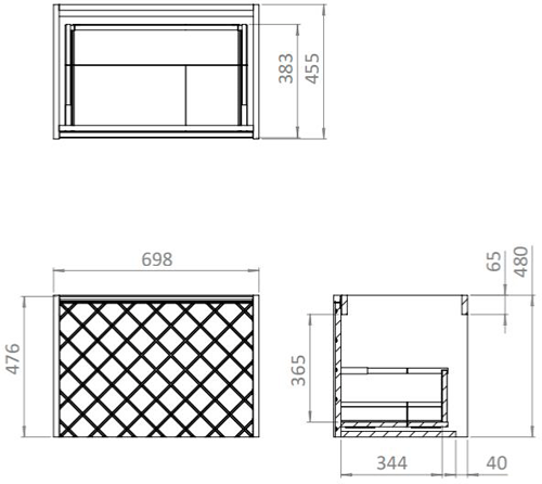 Technical image of Crosswater Vergo Vanity Unit & Black Glass Basin (700mm, Matt White).